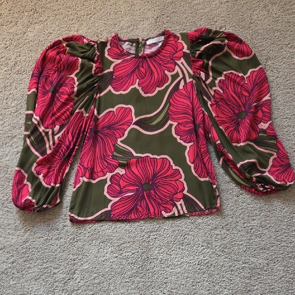 Karlie Tops - Karlie Bold Floral Puff Sleeve Blouse - Pink and Green